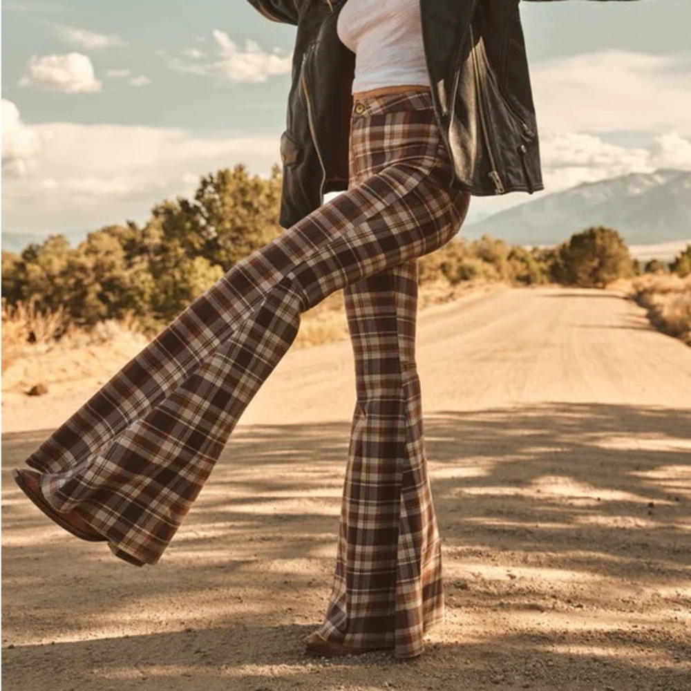 Free People Plaid Flare Wide-Leg Jeans in Brown and Cream size 25